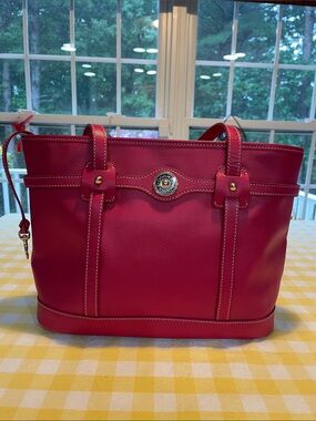 Dooney & Bourke Raspberry Pebble Leather Davis Tote with Logo Medallion
